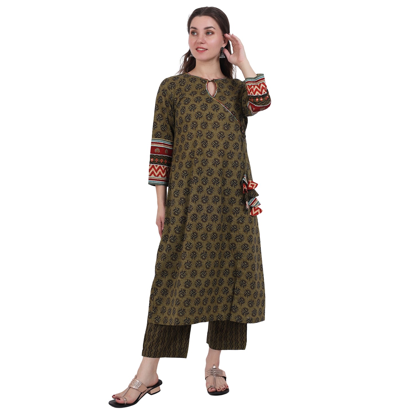 Olive Green Block Printed agarkha Kurta Set