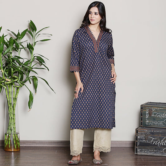 Navy blue printed kurta