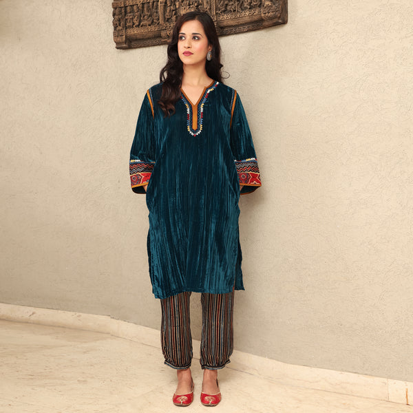 Teal Crushed Velvet  Embroidered Kurta Set with Stripe Modal Silk Harem Pants