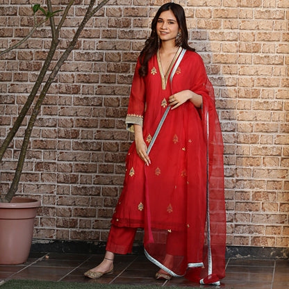 Red chanderi A-line kurta set with dupatta