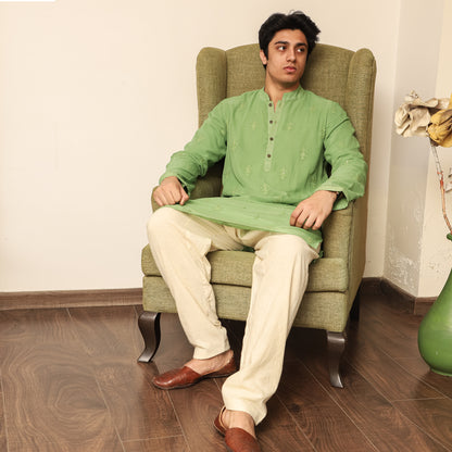 green men's band collar georgette kurta