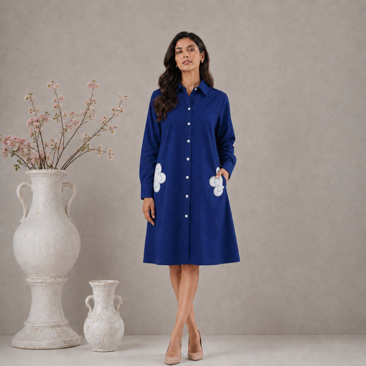 Royal Blue Cotton Shirt Dress with White Flower Applique and Pockets