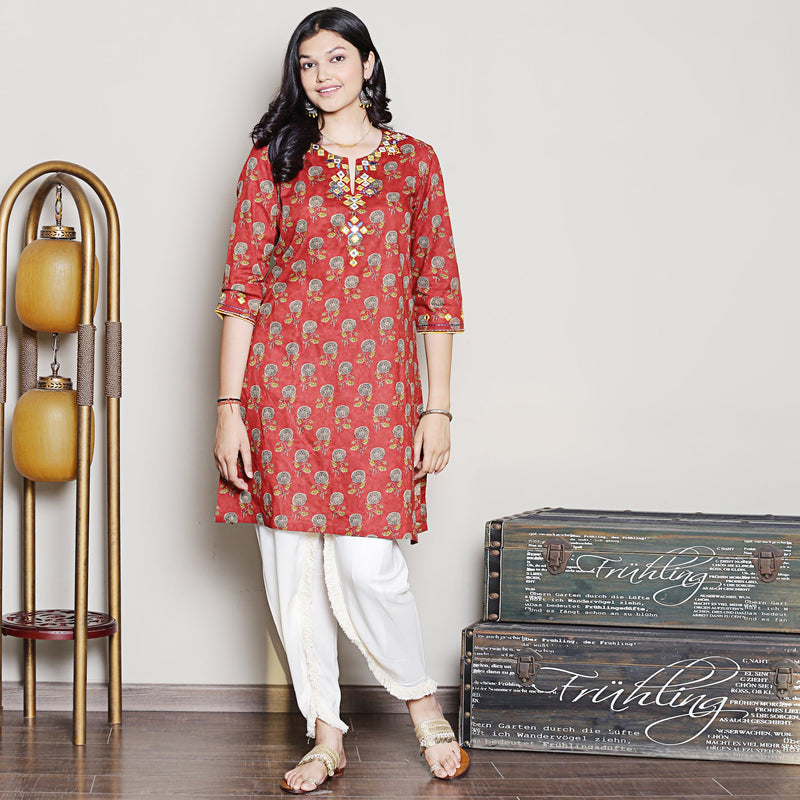 Block printed red embroidered kurta set with dhoti pants