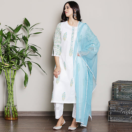 Mix-n-Match White-Blue Mughal Print Kurta Set with dupatta