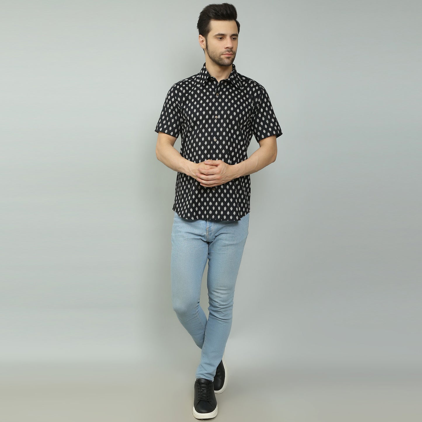 black Cotton printed half sleeves shirt