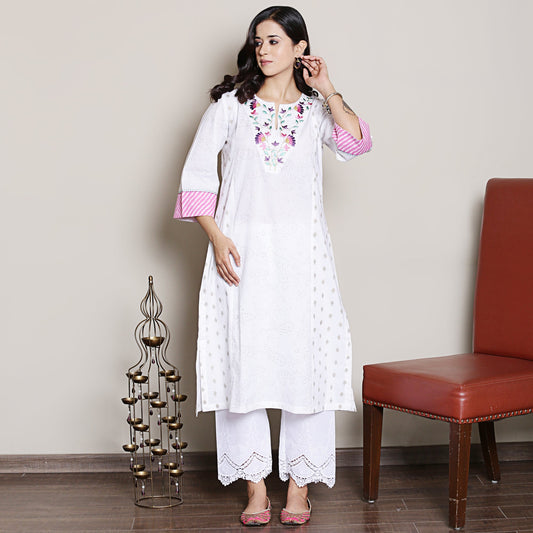 white printed kurta with neck embroidery