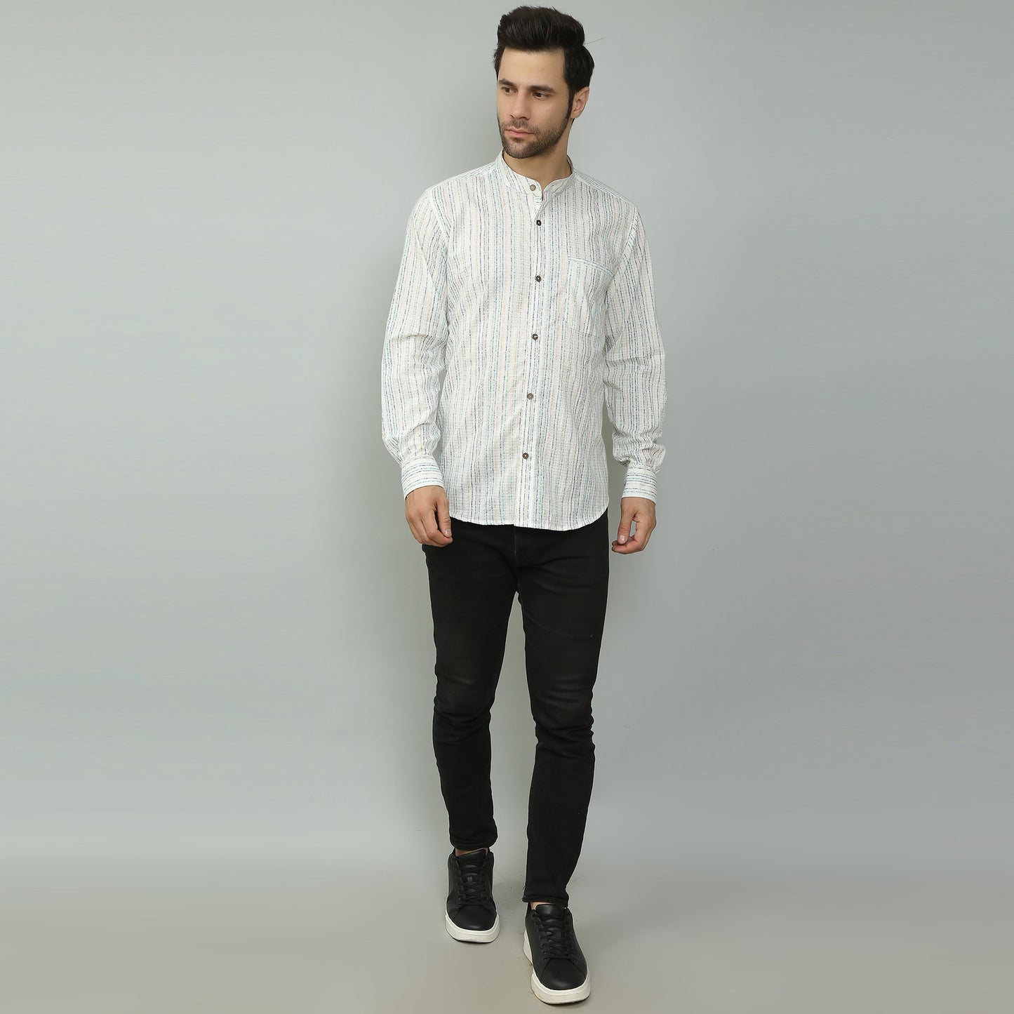 white Cotton printed full sleeves band collar shirt