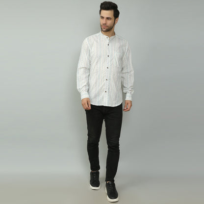 white Cotton printed full sleeves band collar shirt