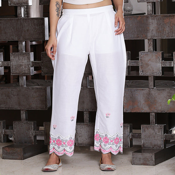 Cotton scallop embroidered ankle length  pants