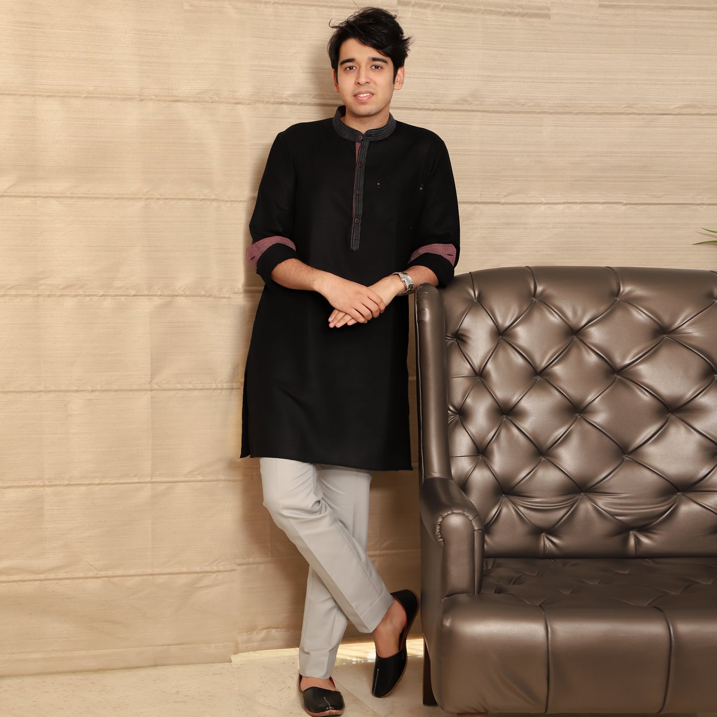 black men's band collar cotton blend kurta