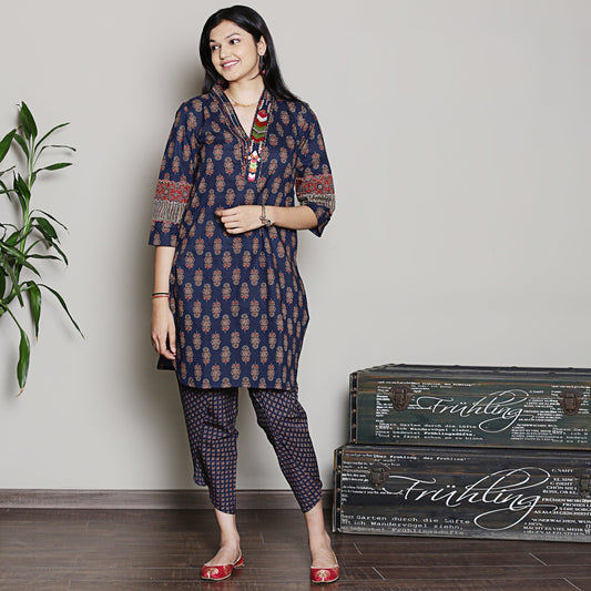Block printed navy blue embroidered kurta set with dhoti pants
