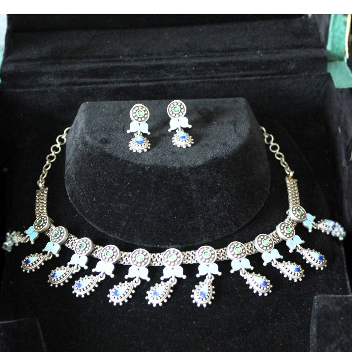 Oxidised Blue Stone Metal Choker Necklace Set