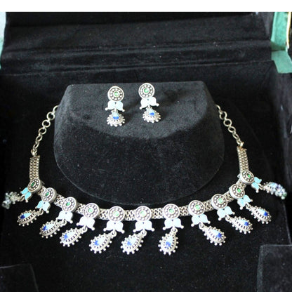 Oxidised Blue Stone Metal Choker Necklace Set