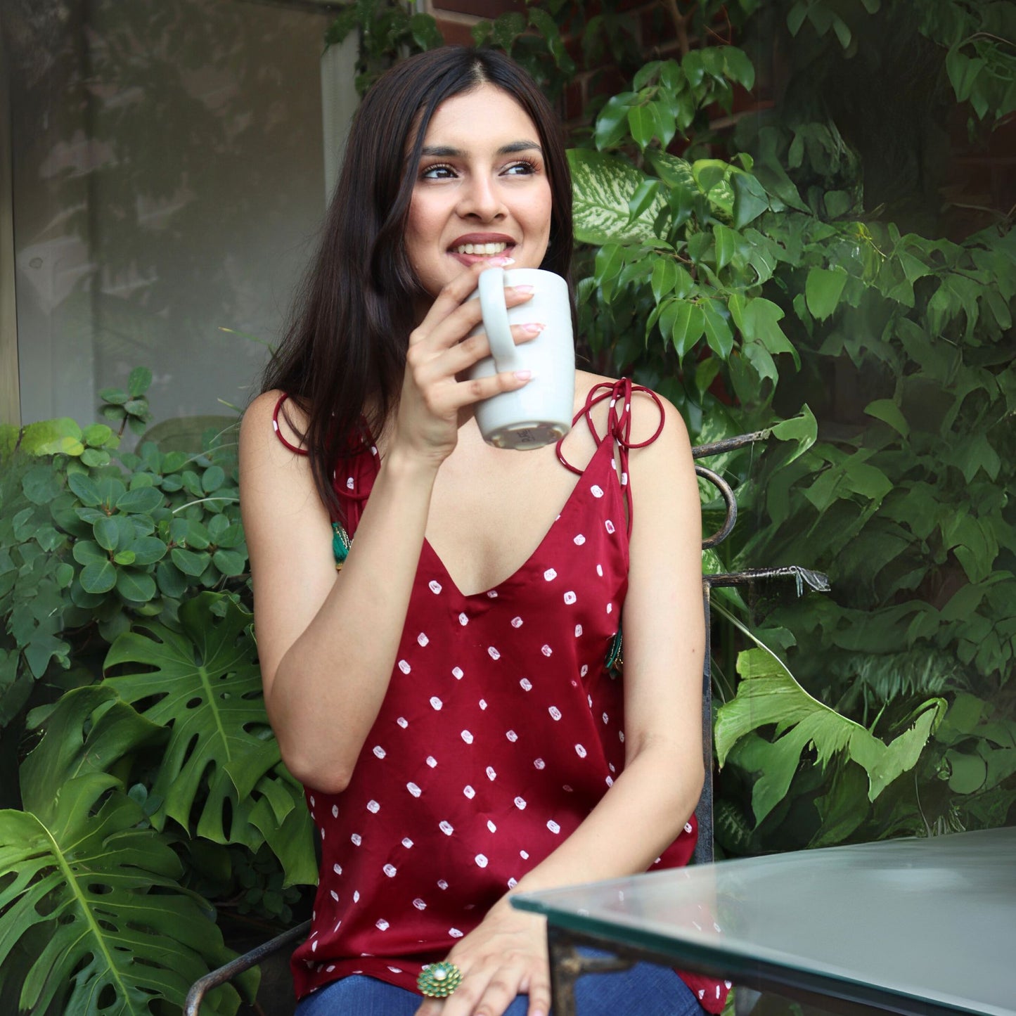 Bandhani Tie-Up Top in Wine