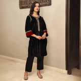 Black Crushed Velvet Embroidered Kurta Set with Mashru Silk Pants