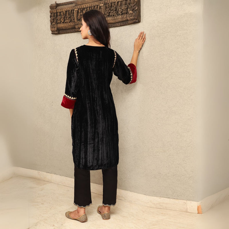 Black Crushed Velvet Embroidered Kurta Set with Mashru Silk Pants