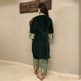 Green Crushed Velvet Embroidered & Brocade Applique Kurta Set with Mashru Silk Pants