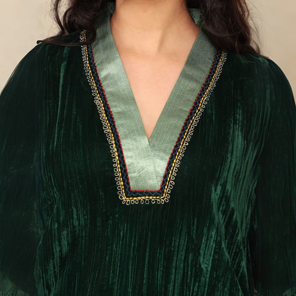 Green Crushed Velvet Embroidered & Brocade Applique Kurta Set with Mashru Silk Pants