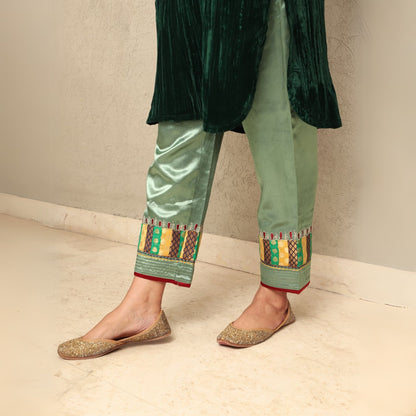 Green Crushed Velvet Embroidered & Brocade Applique Kurta Set with Mashru Silk Pants