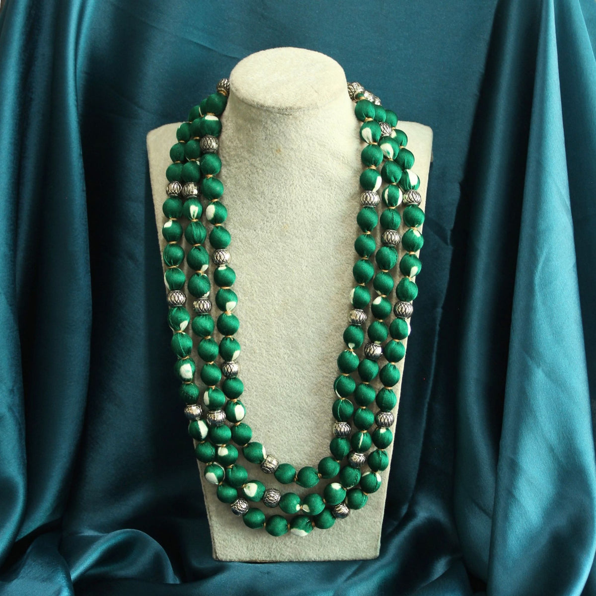 3 layer fabric beaded necklace in bandhni