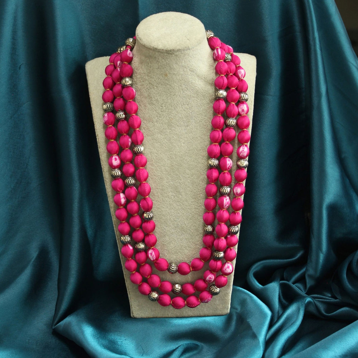 3 layer fabric beaded necklace in bandhni