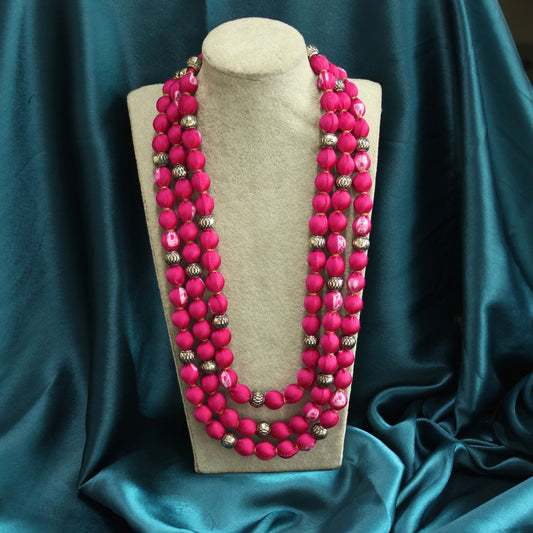 3 layer fabric beaded necklace in bandhni