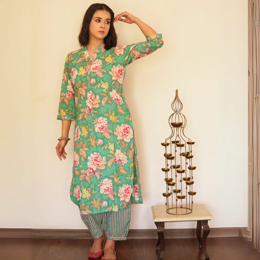 Teal Floral Kurta with Striped Afghani Salwar