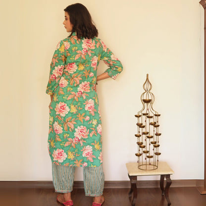 Teal Floral Kurta with Striped Afghani Salwar