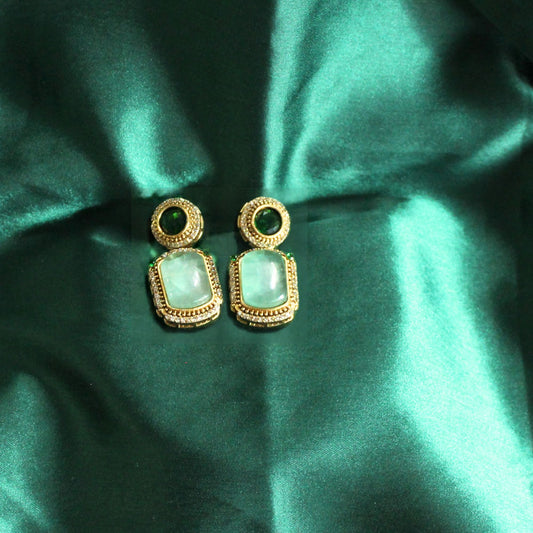 Green Stone Gold-Plated Statement Earrings