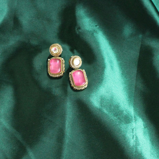 Pink Stone Gold-Plated Statement Earrings