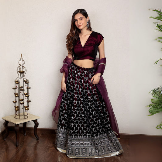 Wine embroidered lehenga set with organza dupatta