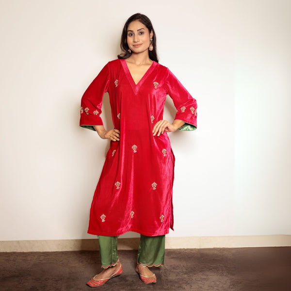 Fuschia Pink hand embroidered velvet kurta