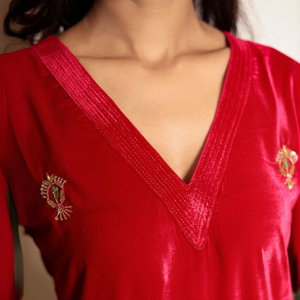 Fuschia Pink hand embroidered velvet kurta