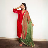 Fuschia Pink hand embroidered velvet kurta with mashru silk pants and green dupatta