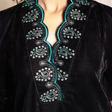 Black embroidered V-neck velvet kurta