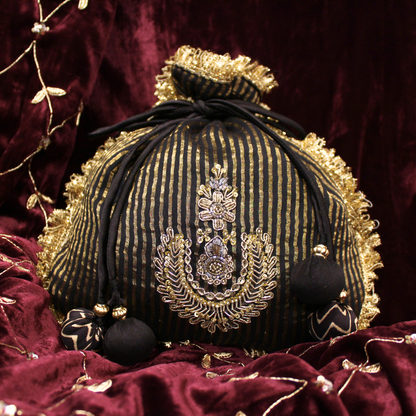 Black Tissue Chanderi hand embroidered Potli bag