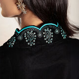 Black embroidered V-neck velvet kurta