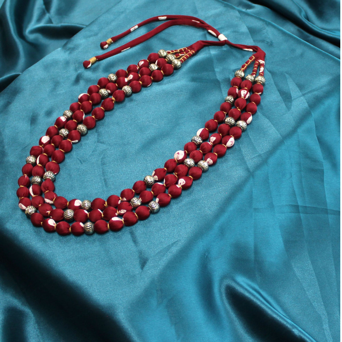 3 layer fabric beaded necklace in bandhani