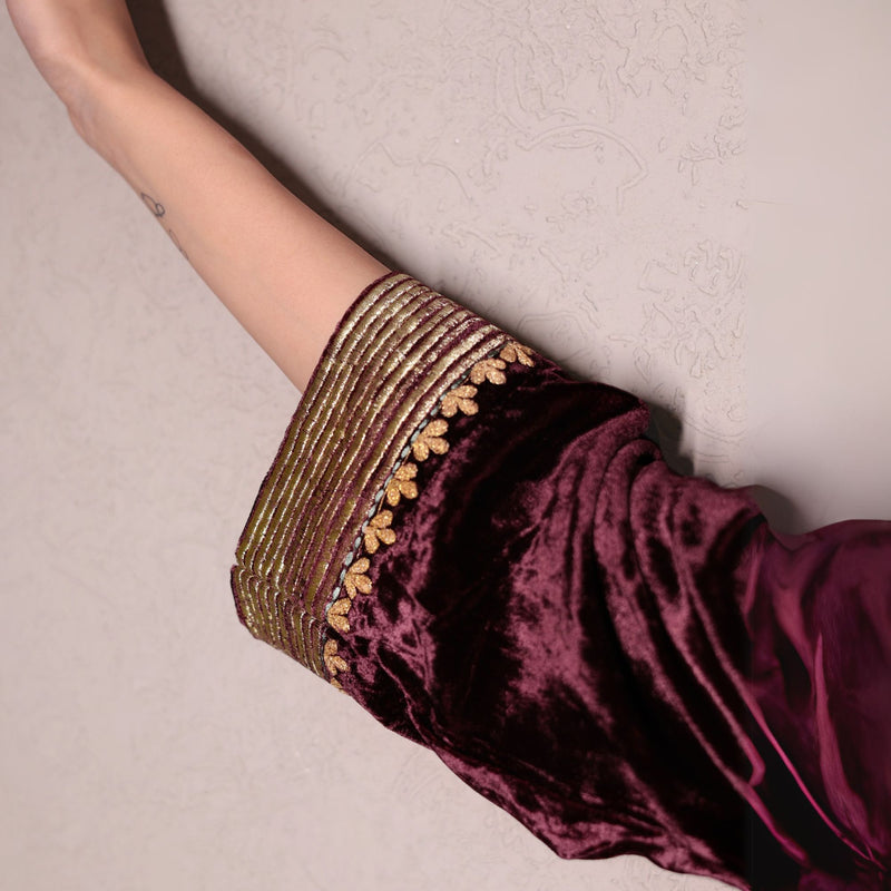 Wine embroidered velvet kurta with velvet pants