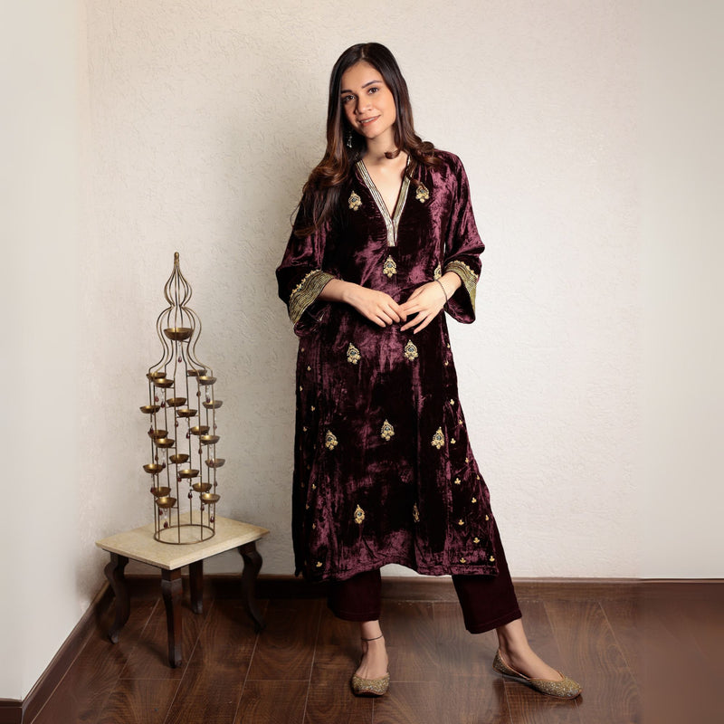 Wine embroidered velvet kurta with velvet pants