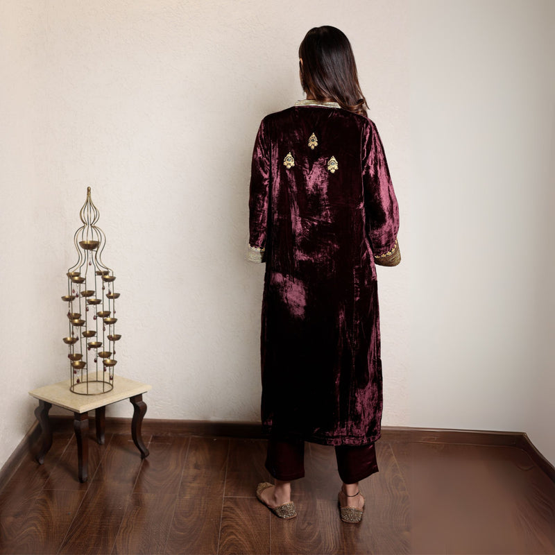 Wine embroidered velvet kurta with velvet pants and organza dupatta