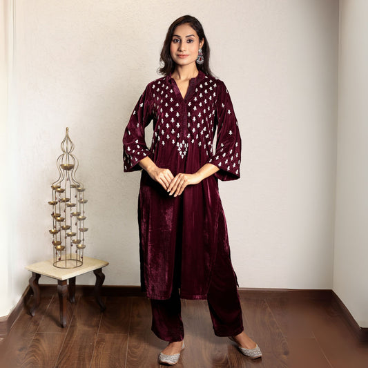 Wine embroidered velvet kurta with velvet pants