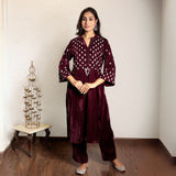 Wine embroidered velvet kurta