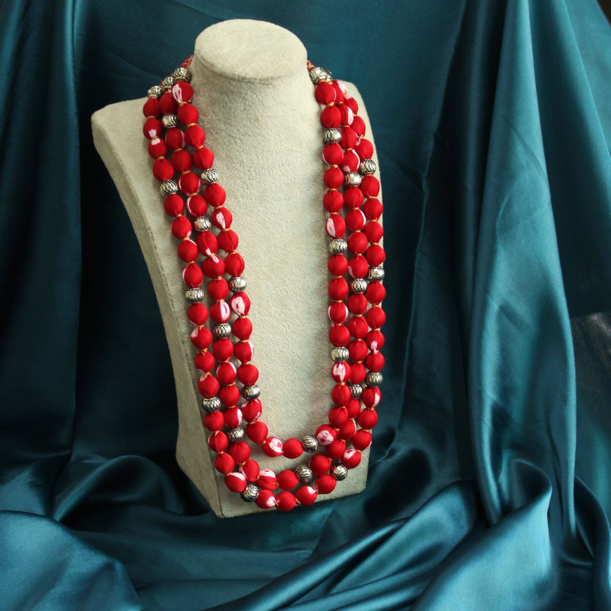 3 layer fabric beaded necklace in bandhani