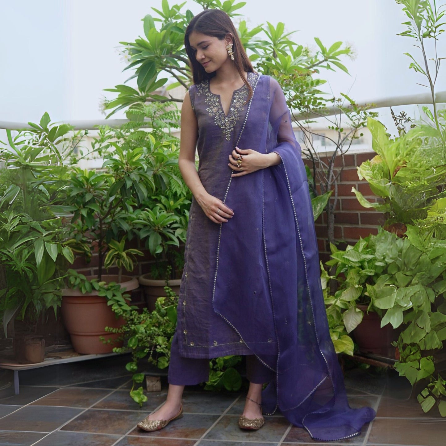 Navy Blue Metallic Chanderi Suit Set with Dupatta