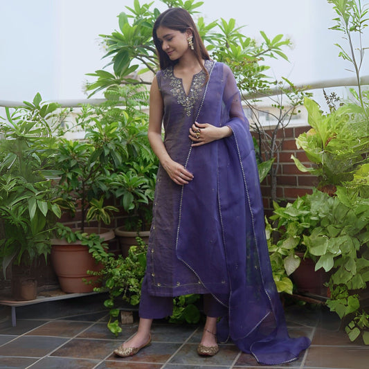 Navy Blue Metallic Chanderi Suit Set with Dupatta
