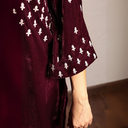 Wine embroidered velvet kurta with velvet pants