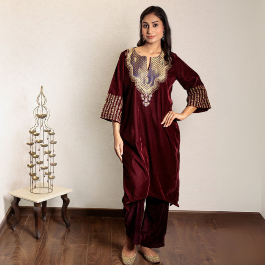 Wine embroidered velvet kurta with yoke detail and velvet pants