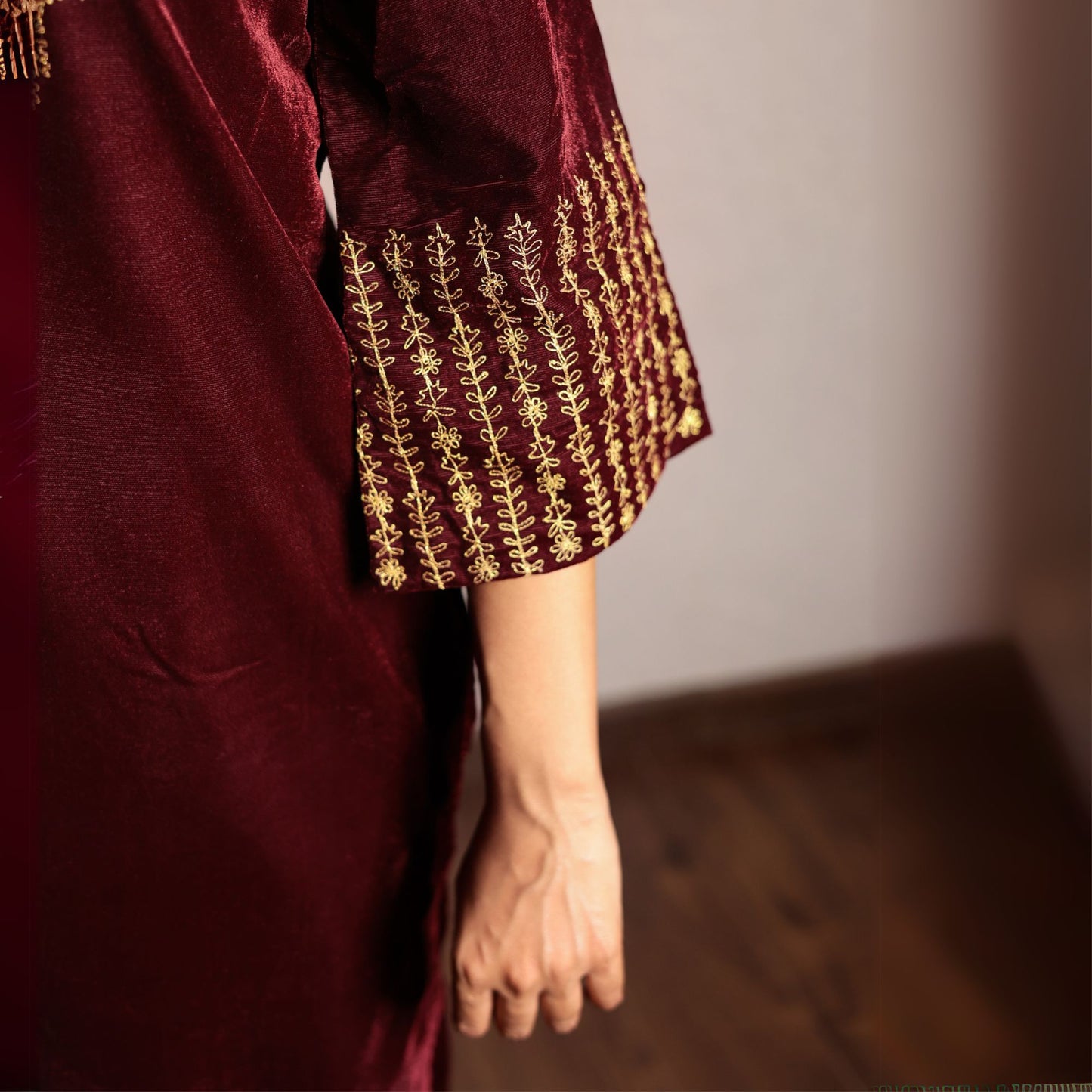 Wine embroidered velvet kurta with yoke detail and velvet pants