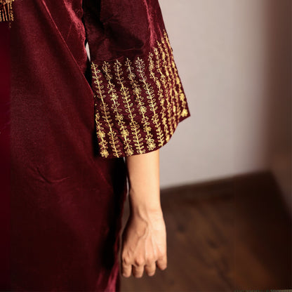 Wine embroidered velvet kurta with yoke detail and velvet pants